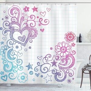 NEW Ambesonne Love Shower Curtain, Heart Swirled Sketch on Checkered Notebook
